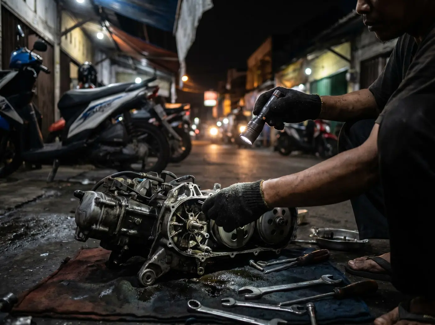 Mekanik MotoCall memeriksa mesin motor karburator yang brebet di lokasi pelanggan