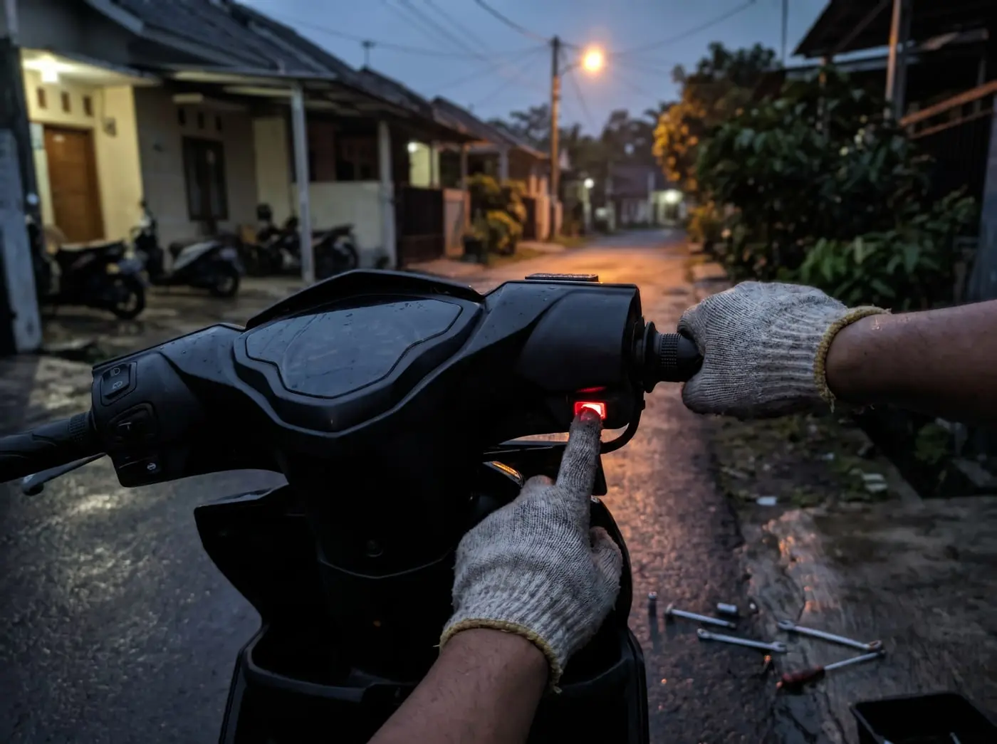 Montir MotoCall memeriksa komponen kelistrikan motor terkait kiprok di lokasi pelanggan